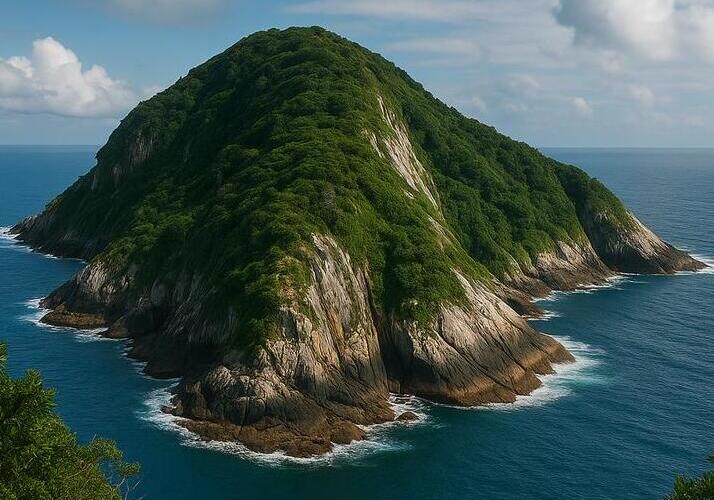 Coastal view of Snake Island (Ilha da Queimada Grande) with dense trees and rocky cliffs, home to one of the world’s deadliest snake populations.