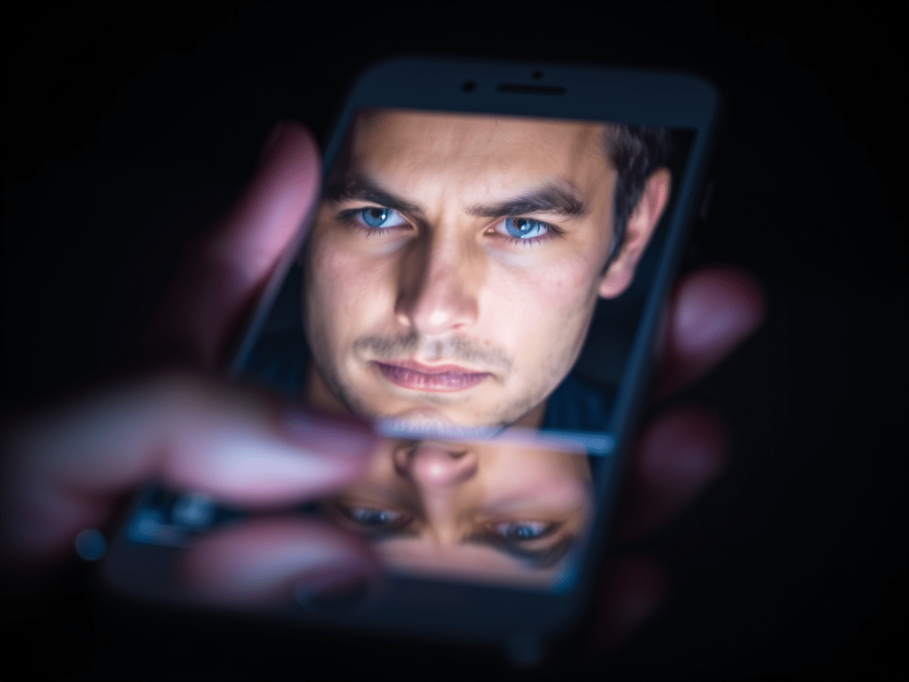 A blurred smartphone screen glowing in the dark with a person’s thoughtful face half-reflected in it — symbolizing disconnection behind connection.