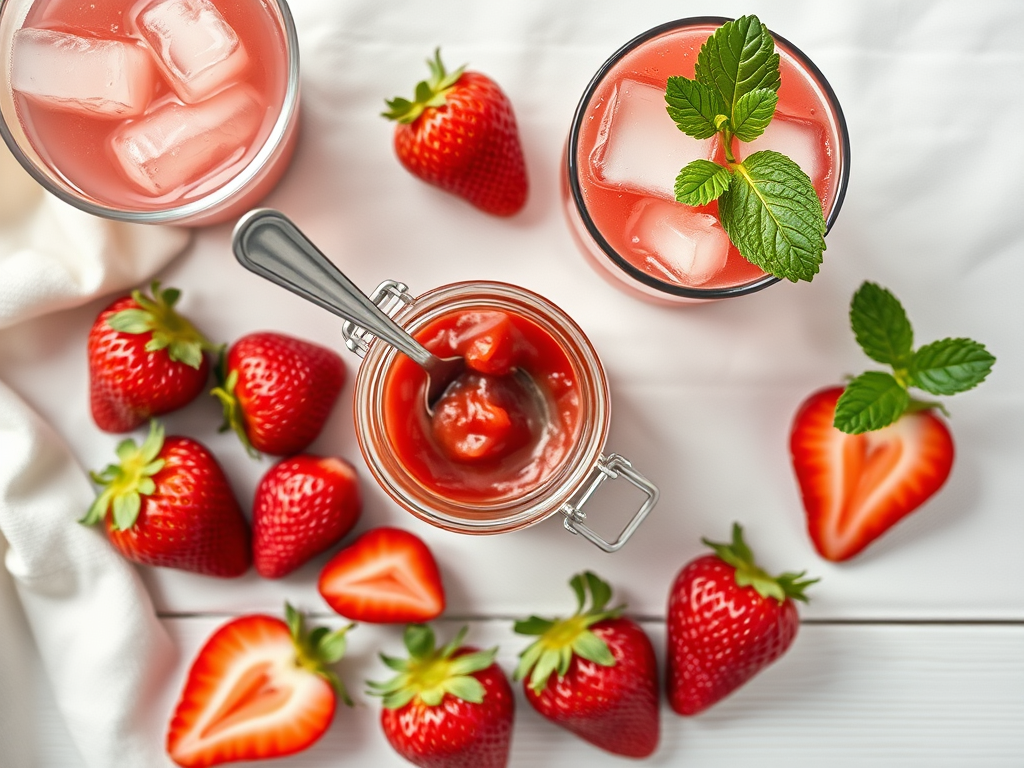 Strawberry preserve in a glass jar and iced strawberry drink with mint, surrounded by fresh strawberries on a white surface