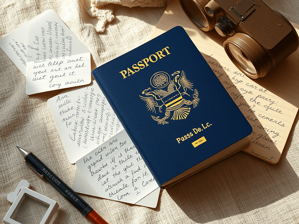 A navy blue passport resting on handwritten travel notes beside a starfish and binoculars, symbolizing reflection, discovery, and lasting experiences from travel.