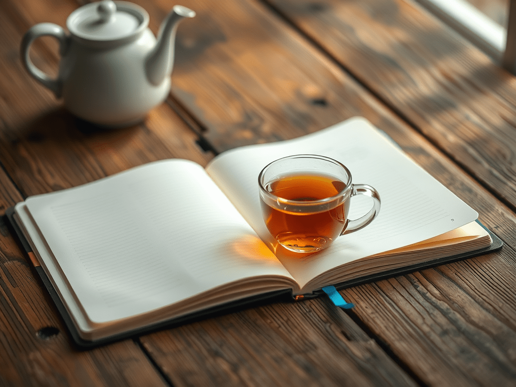 A cup of tea beside a notebook on a wooden table, lit by soft morning light — evoking calm, reflection, and the power of small routines.
