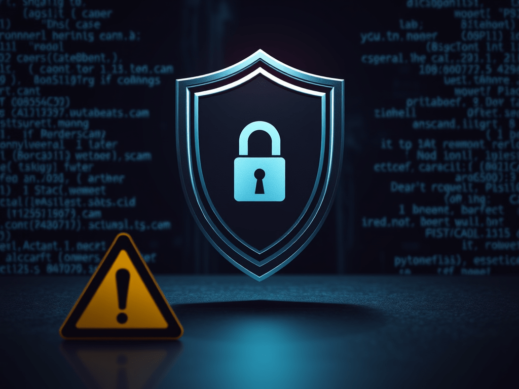 Digital shield protecting personal data, warning phone scam symbol, and dark web background. Protect your personal information from dark web leaks and caller ID fraud.