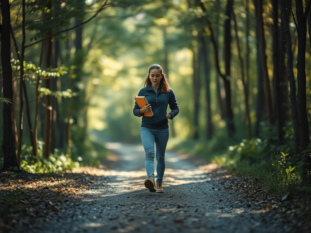 A woman walks alone along a quiet forest path, holding a notebook — symbolizing reflection, intention, and the pursuit of meaningful work in a noisy world.