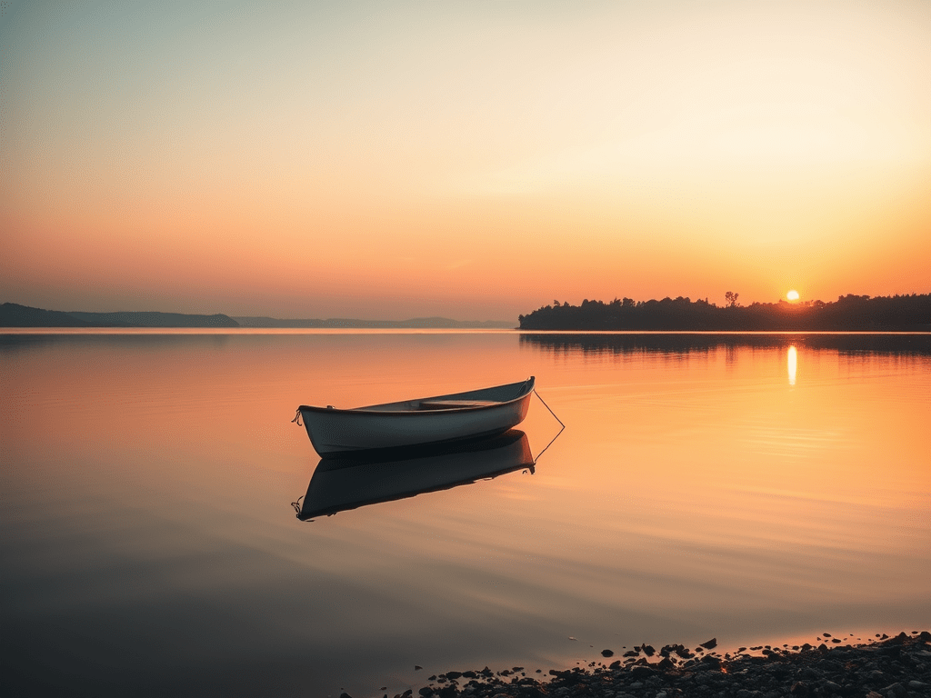 A still rowboat floating quietly on a calm lake at sunrise, symbolizing reflection, gentle direction, and the slow discovery of purpose.