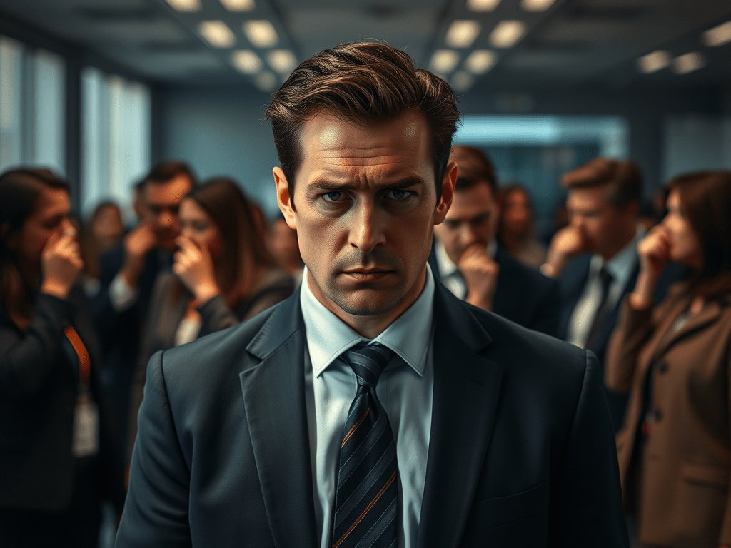 A visibly stressed professional surrounded by blurred, whispering colleagues — symbolizing isolation and workplace mobbing.