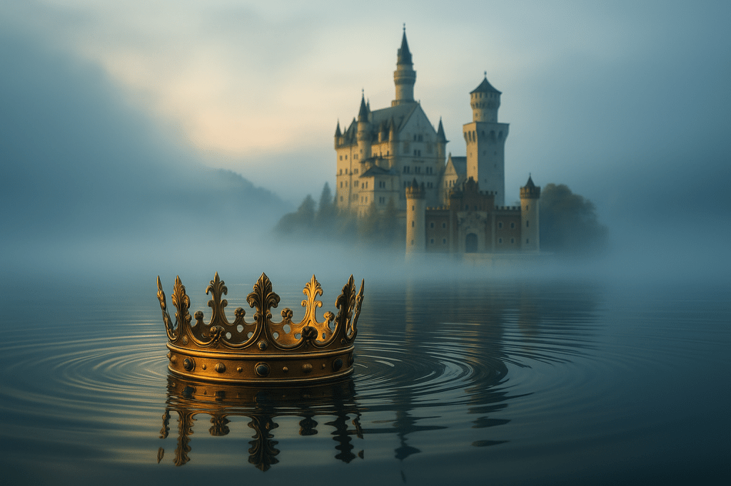 Neuschwanstein Castle shrouded in fog, with a golden crown symbolizing the lost monarchy of Ludwig II.