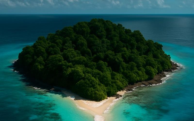 Aerial view of North Sentinel Island surrounded by turquoise waters, symbolizing isolation and forbidden access.