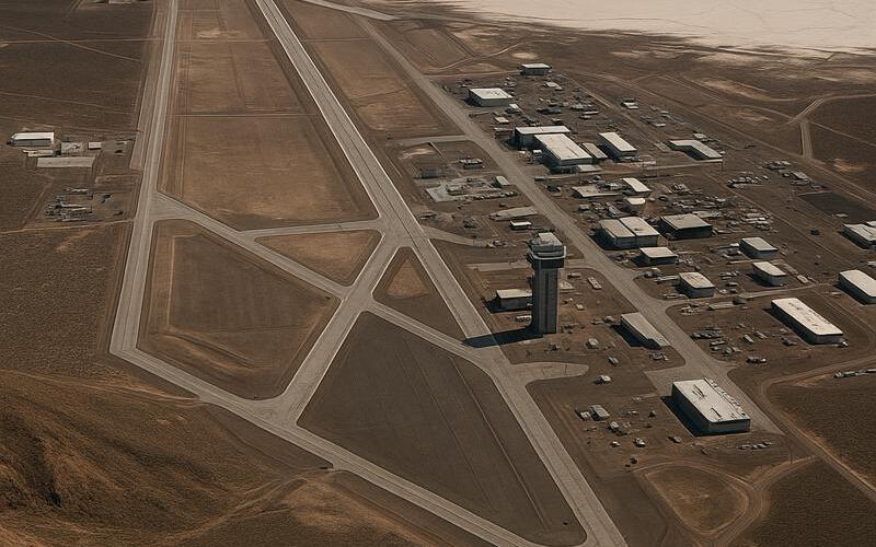 Aerial view of Area 51 in Nevada’s desert, showing runways, hangars, and restricted zones.