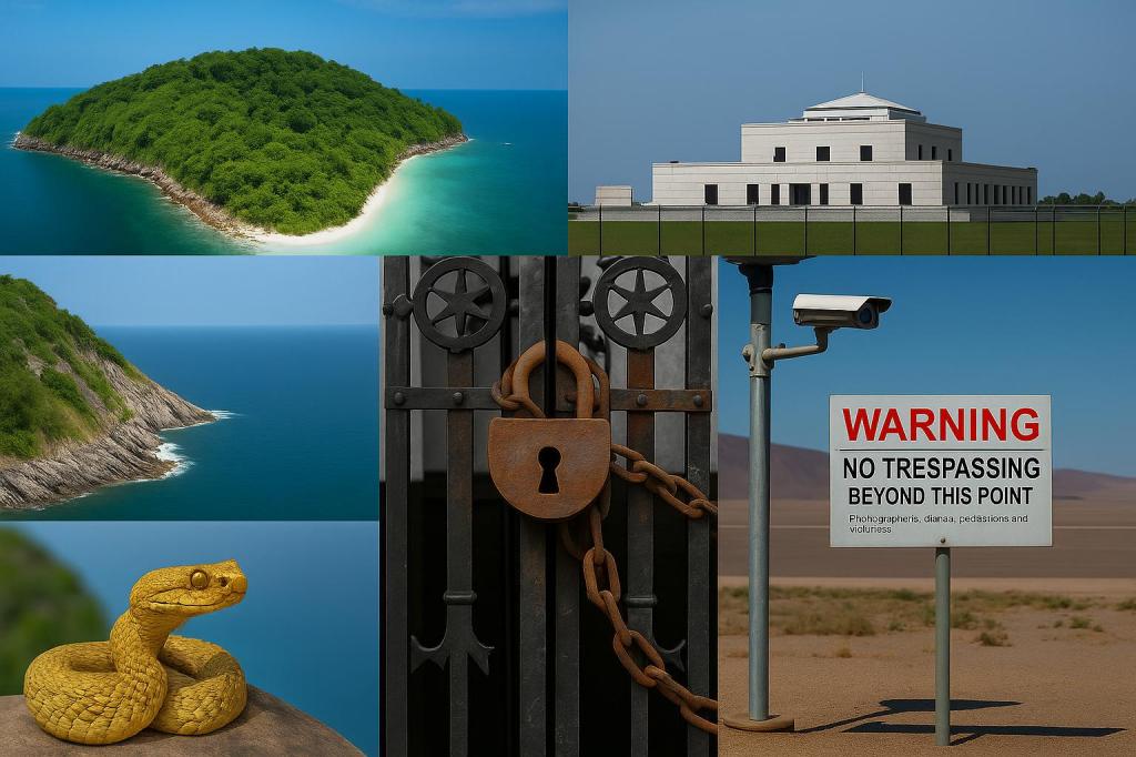 A visual collage showing North Sentinel Island, Snake Island, Fort Knox, Area 51 warning sign, and a locked gate symbolizing forbidden places around the world.