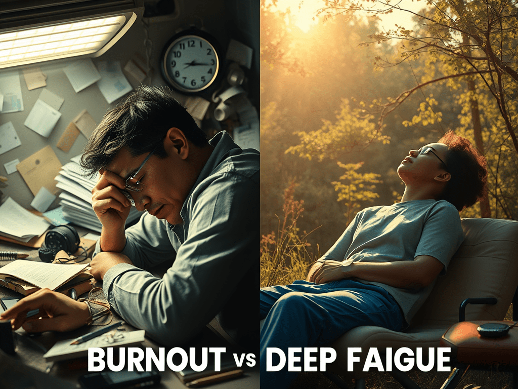 A split-screen image showing two types of exhaustion: on the left, a man slumped over a desk under harsh light symbolizing burnout; on the right, a person sitting quietly in nature, eyes closed, reflecting deep fatigue and emotional withdrawal.