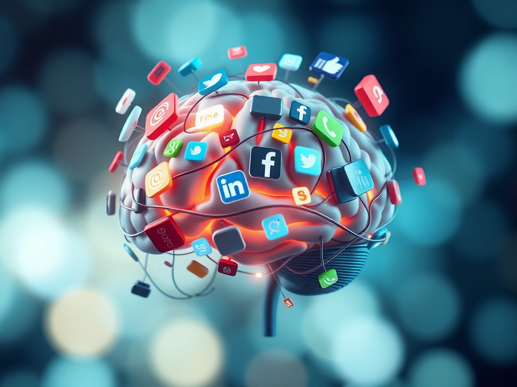 Digital brain surrounded by social media icons, symbolizing the influence of online platforms on identity and perception.