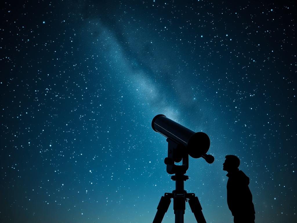 Silhouette with telescope under starry sky — symbolizing human curiosity and exploration.