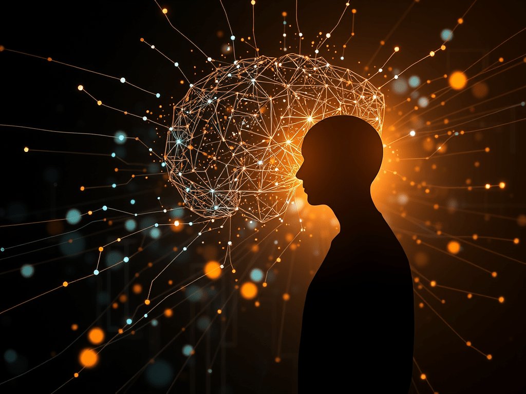 Human face half-lit by computer screen, symbolizing connection with artificial intelligence.