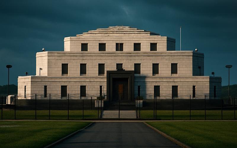 Front view of Fort Knox, the United States Bullion Depository, protected by fences and military security.