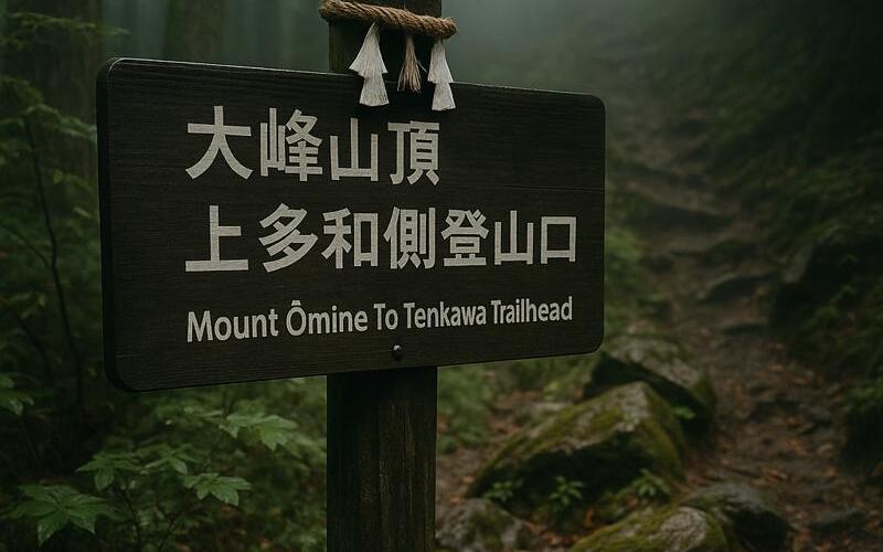 Trail signpost in the misty forest marking the entrance to Mount Ōmine’s sacred area, restricted to men only.