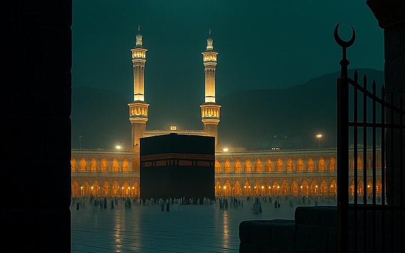 A distant, respectful view of a symbolic gateway leading toward Mecca’s sacred zone, representing religious boundaries.
