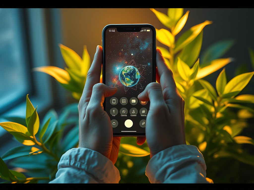 Hands holding a phone with a plant or star app open, symbolizing citizen participation in science.