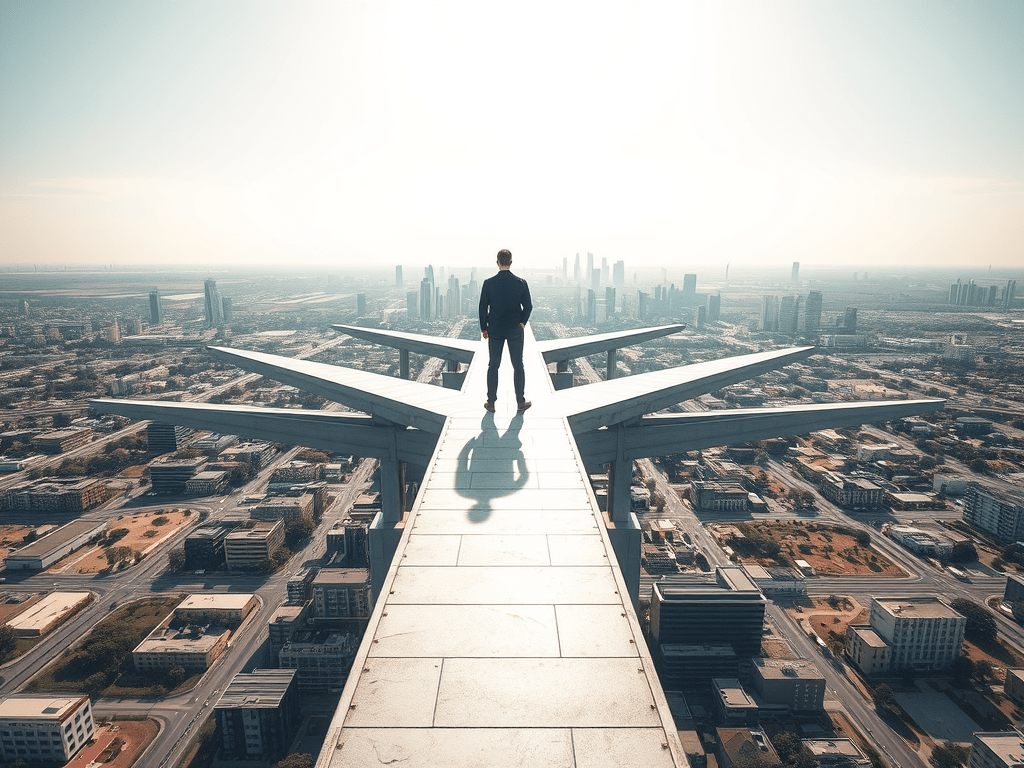 A person standing in a modern courtyard surrounded by structured buildings — symbolizing clarity, career responsibility, and entering the systems that shape adult life.