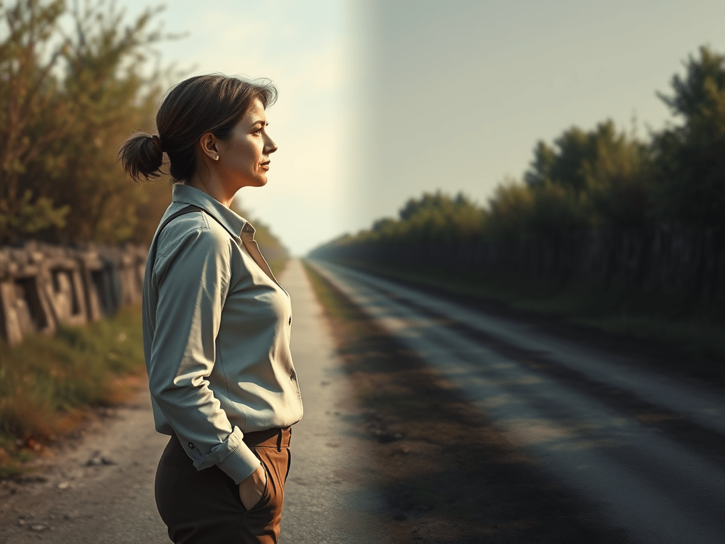 Middle-aged woman standing in profile between a shadowed past and a bright future, symbolizing career gap, family caregiving, and returning to work.