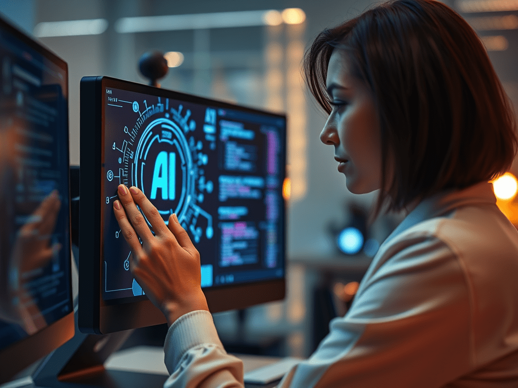 A woman closely observing an AI interface on screen — symbolizing focus, testing, and accountability in human–AI interaction.