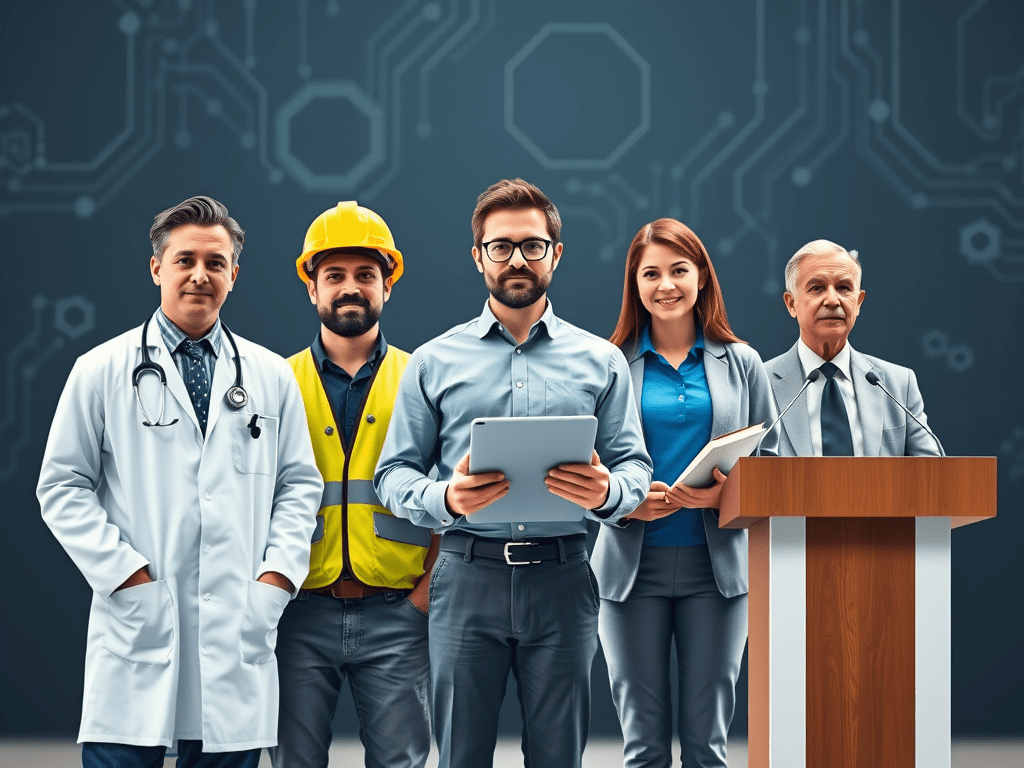 Doctor, construction worker, engineer, teacher, and politician standing together — symbolizing AI-resistant, future-proof careers for the next 50 years.