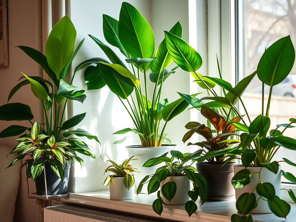 Healthy indoor houseplants placed near a bright window in a calm, modern home. The plants are arranged to create a peaceful atmosphere and promote positive energy in the living space.
