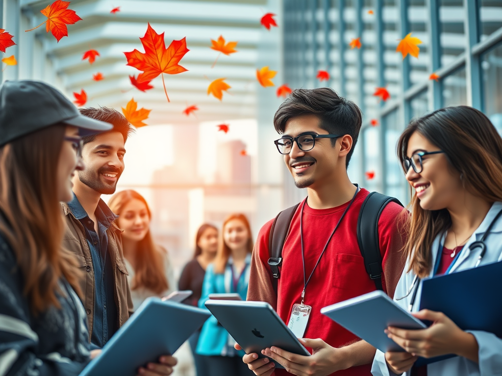 A group of smiling international students standing outdoors in Canada with maple leaves falling around them, holding notebooks and talking together near a city backdrop