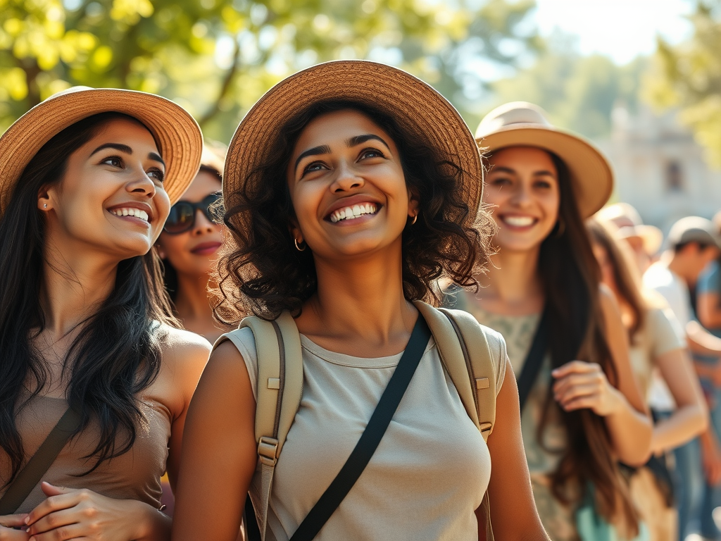 Smiling women travelers enjoying a group adventure at a popular tourist destination.