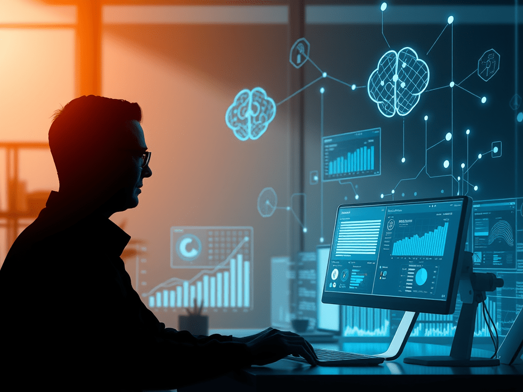 Professional silhouette analyzing a glowing AI interface, symbolizing future skill development