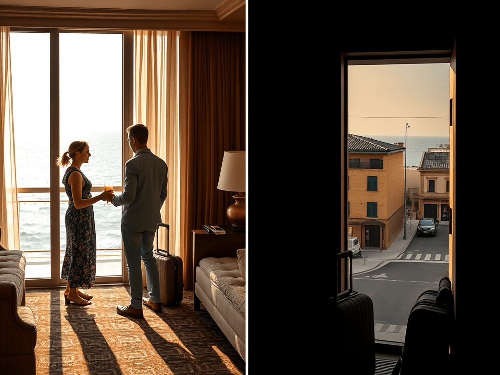 Two tourists arriving at the same hotel: one receives a welcome drink with an ocean view, the other stands alone in a plain room overlooking the street — highlighting real-world travel inequality and booking bias in 2025.