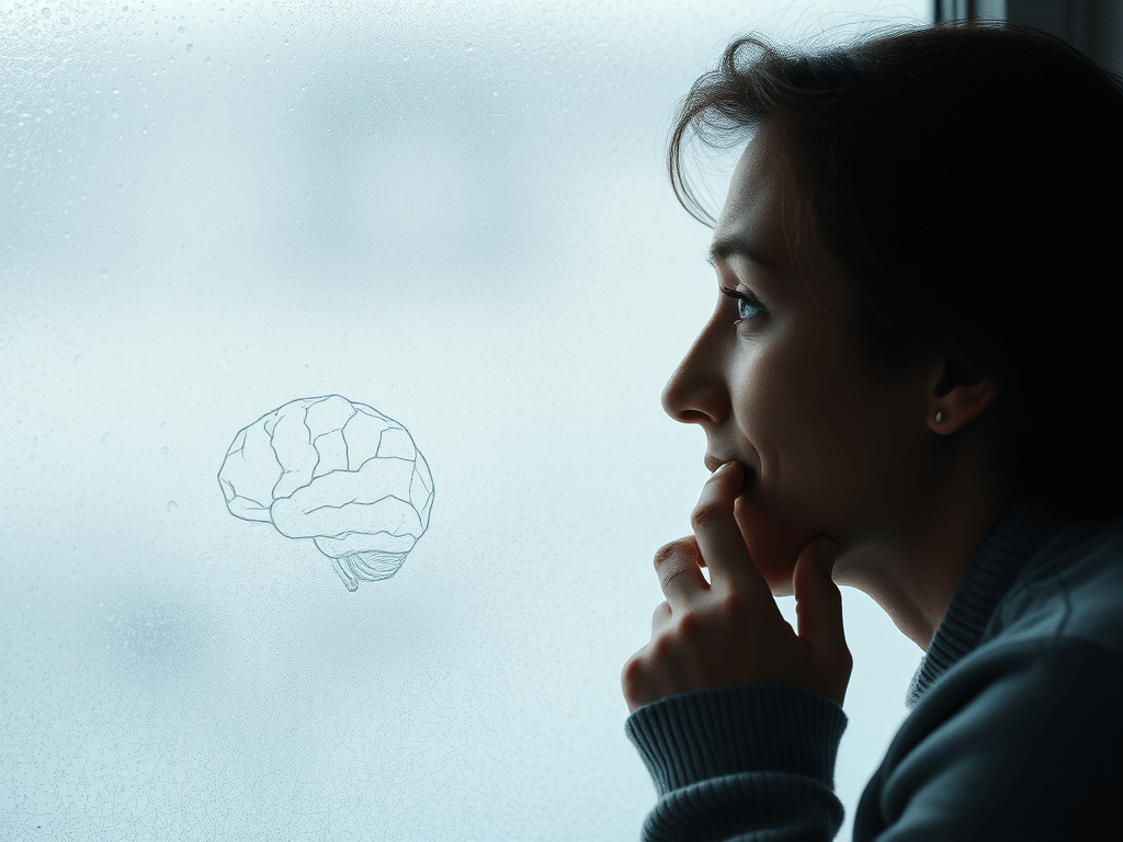 Woman in profile with hand on chin, looking through a fogged window with a brain icon — symbolizing reflection, brain fog, and mental clarity