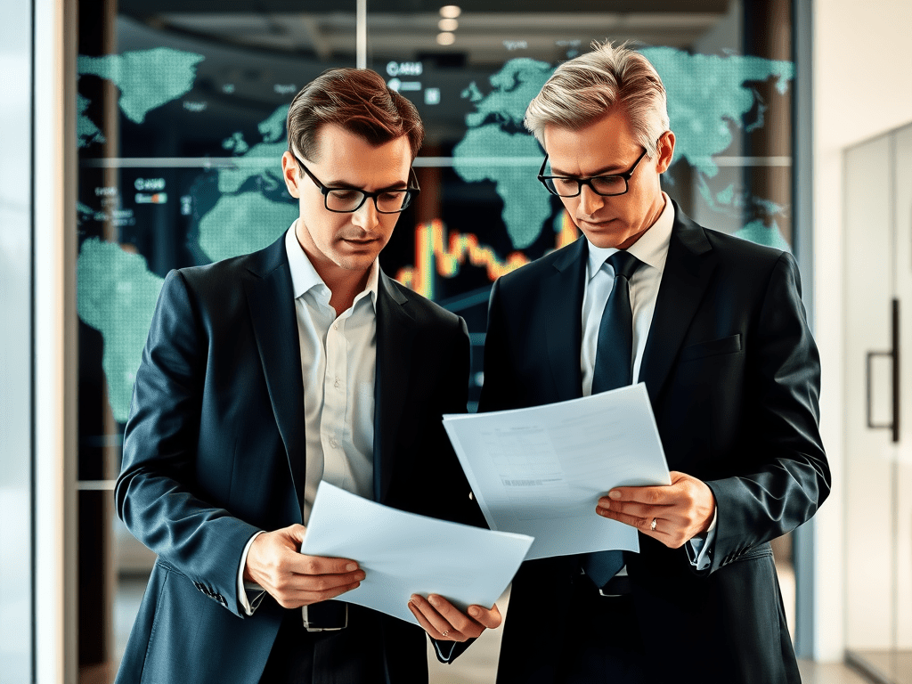 Two sharp-suited professionals reviewing confidential financial documents, symbolizing the hidden strategies and legal pathways used to move wealth discreetly across borders.