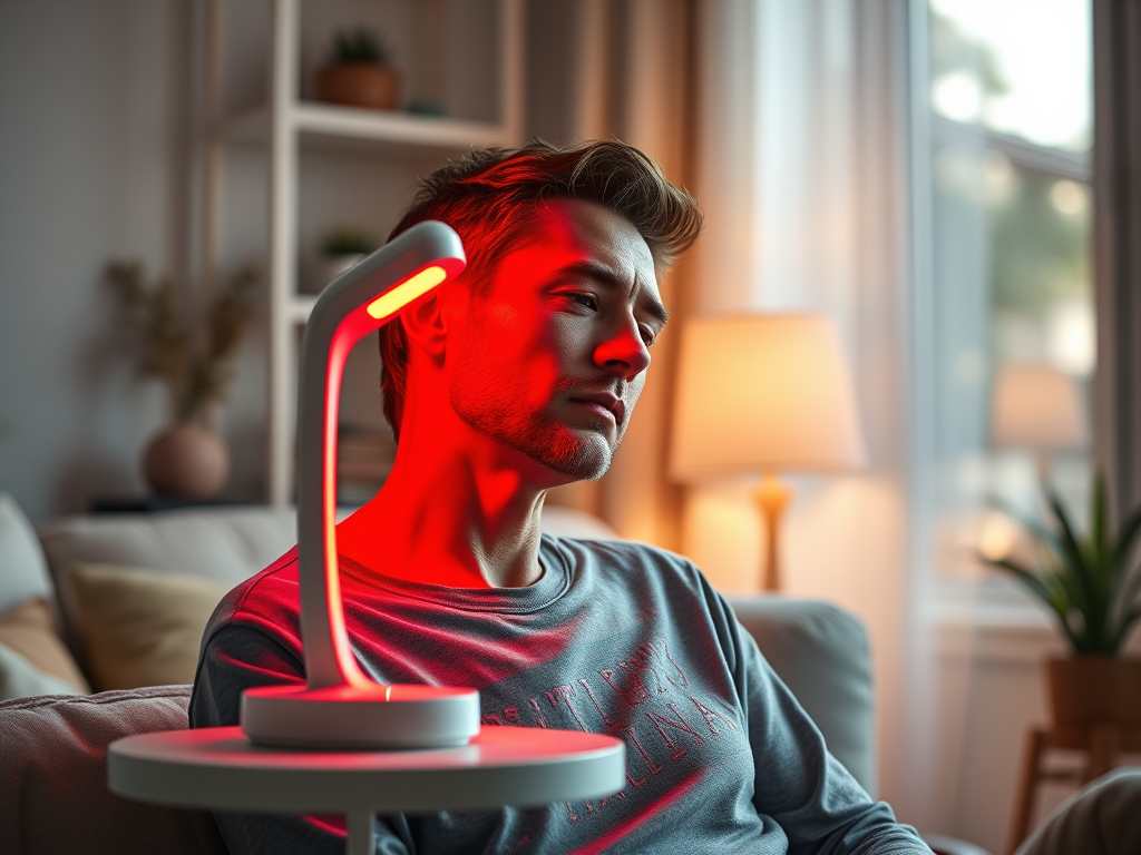 Man using a red light therapy lamp at home for nerve pain and stress relief.