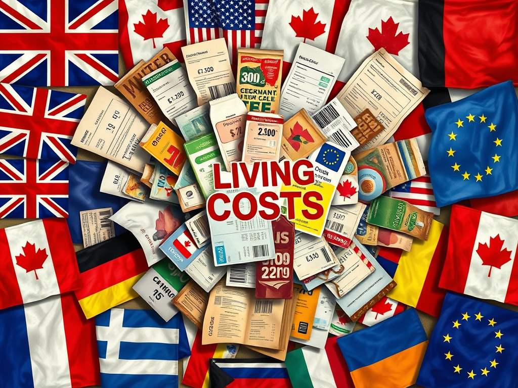 Collage of realistic price tags, receipts, and bills in the center, surrounded by international flags including the UK, USA, Canada, Germany, France, Greece, the EU, and others, symbolizing global living cost differences.