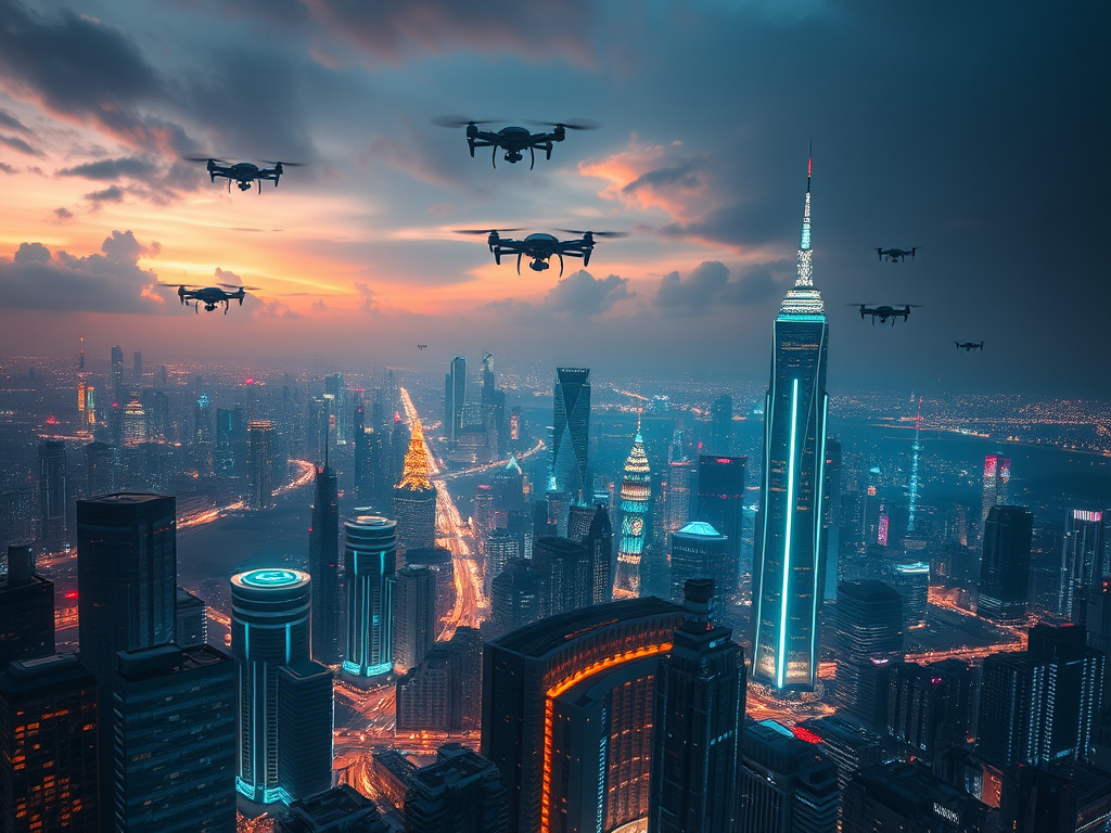 A swarm of autonomous drones flying over a futuristic city, symbolizing how artificial intelligence is transforming military strategy and warfare.