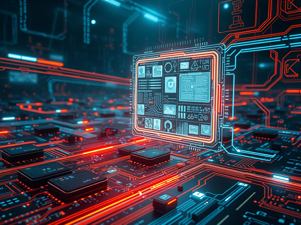 Close-up of a futuristic circuit board with glowing microchips, symbolizing the global competition for semiconductors driving artificial intelligence.