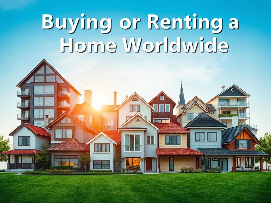 Row of colorful houses under a bright sky with the text “Buying or Renting a Home Worldwide” – representing a global real estate guide for locals and foreign buyers.