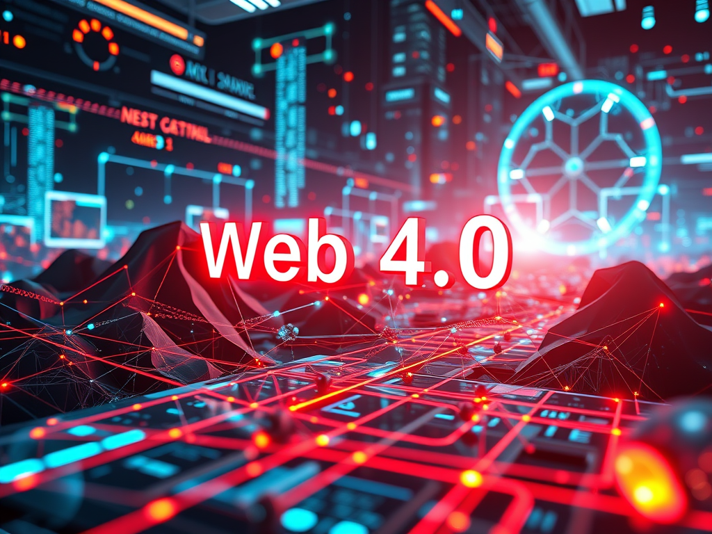 Futuristic digital landscape with glowing red grid and holographic elements, symbolizing Web 4.0 internet evolution.