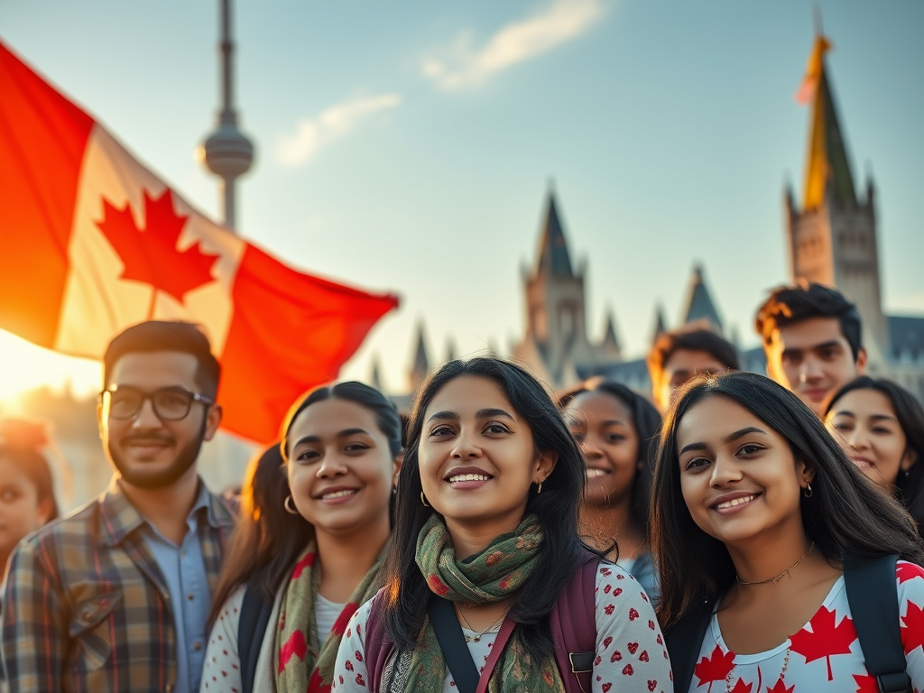 Group of smiling people standing outdoors with a Canadian flag in the background, representing immigration to Canada in 2025.