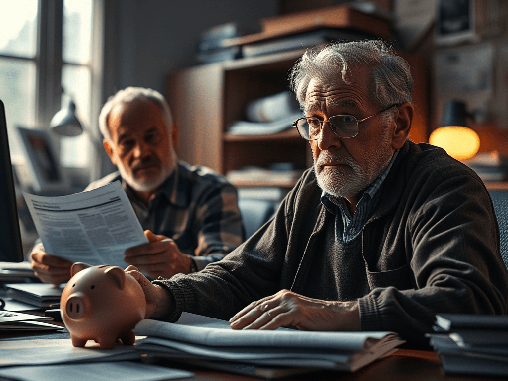 Elderly men reviewing financial documents with a piggy bank on the table, symbolizing retirement challenges and rising living costs.