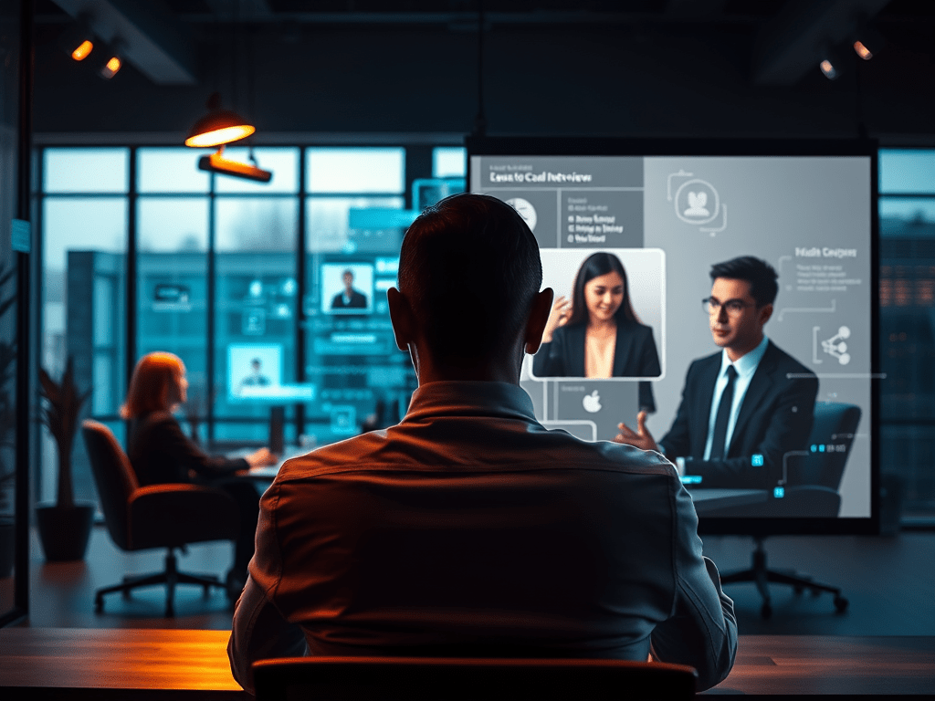 Employer watching candidates on a video screen during an online job interview, symbolizing digital hiring and the pressure of first impressions.
