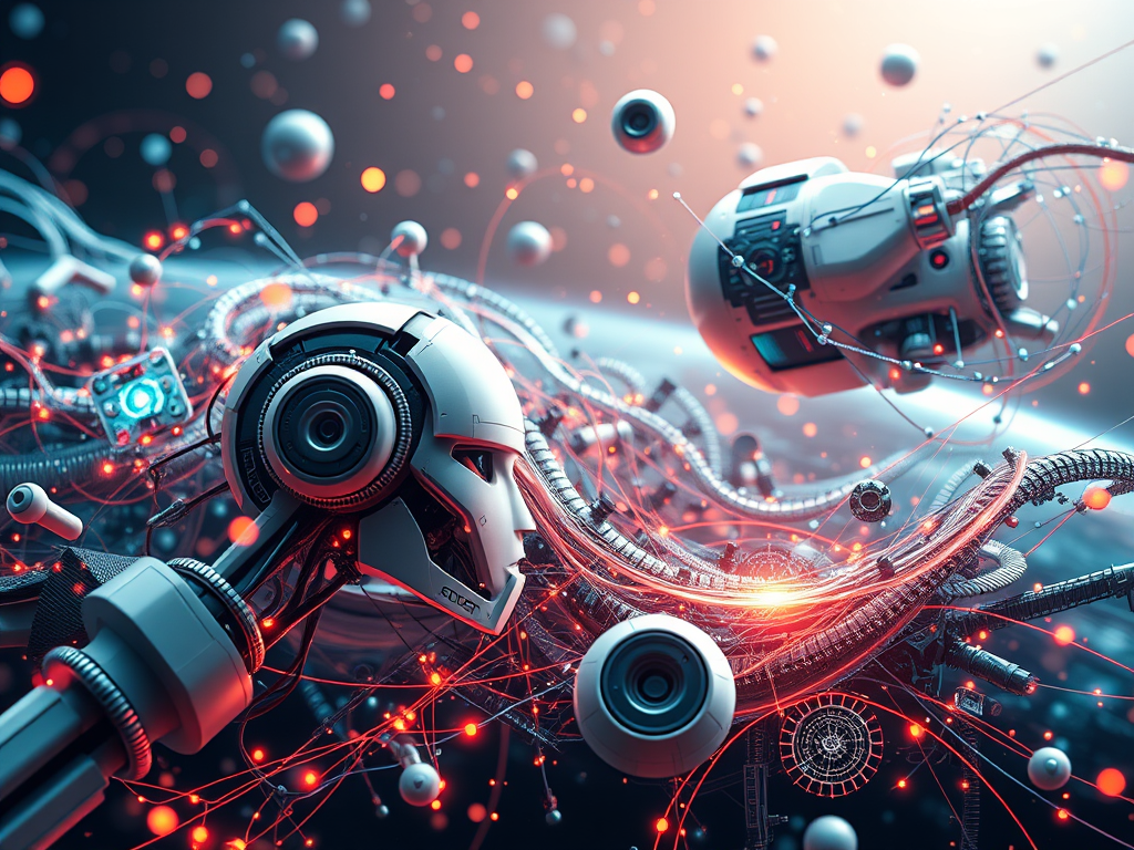 Futuristic robotic head connected to glowing neural cables in space, symbolizing hidden advanced technologies shaping the future.