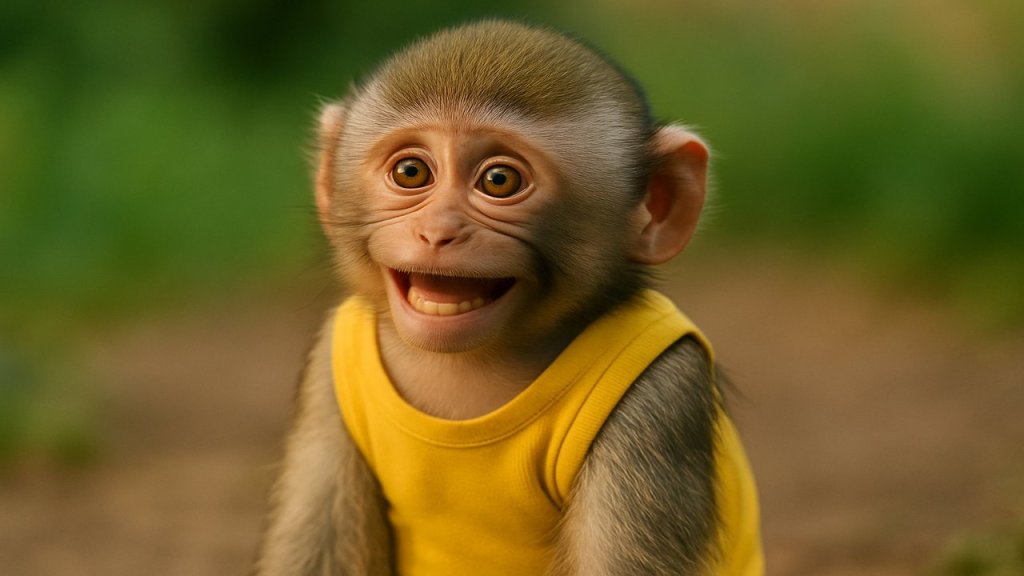 A baby macaque monkey dressed in a yellow shirt sits alone, looking toward the camera with a forced smile — symbolizing the emotional and physical toll of viral animal content.