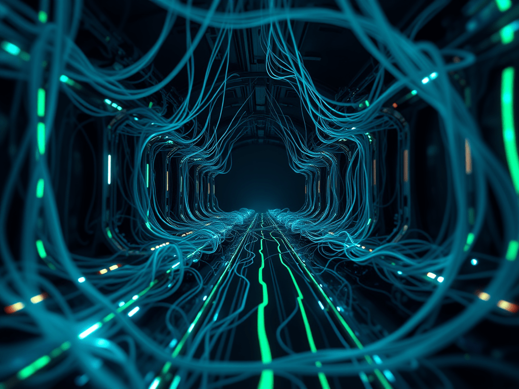 Futuristic tunnel of network cables with glowing green and blue lines, symbolizing private internet pathways and hidden digital infrastructure.