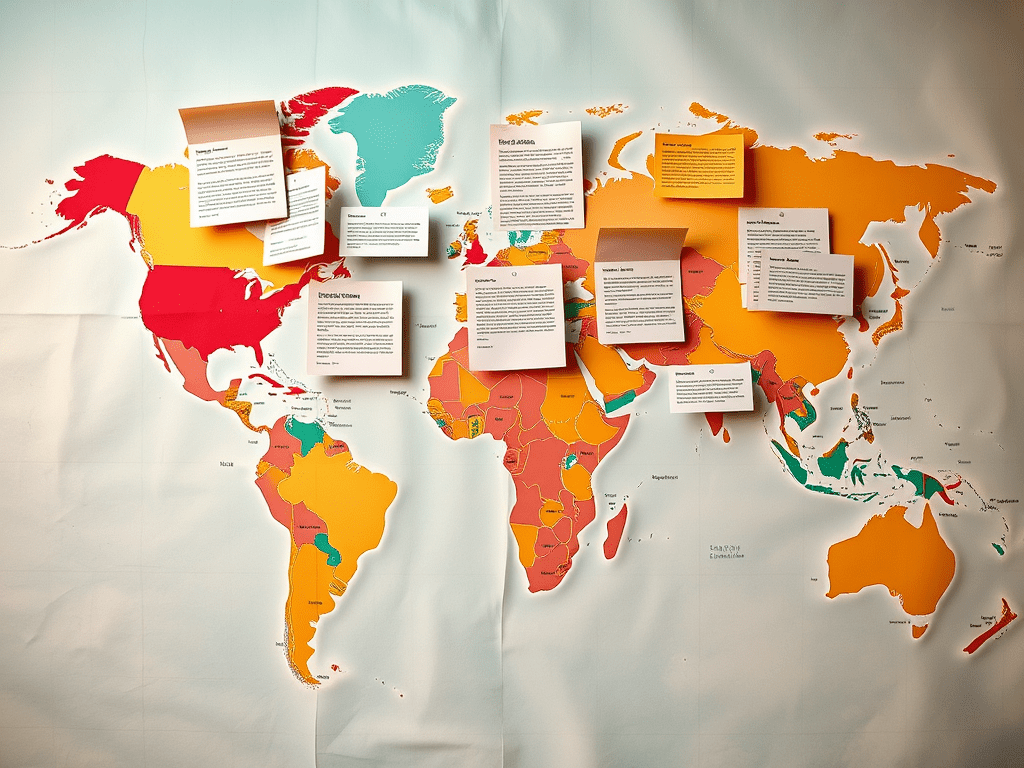 Illustration of global cover letter expectations shown with letters pinned across a world map, symbolizing international job application rules.