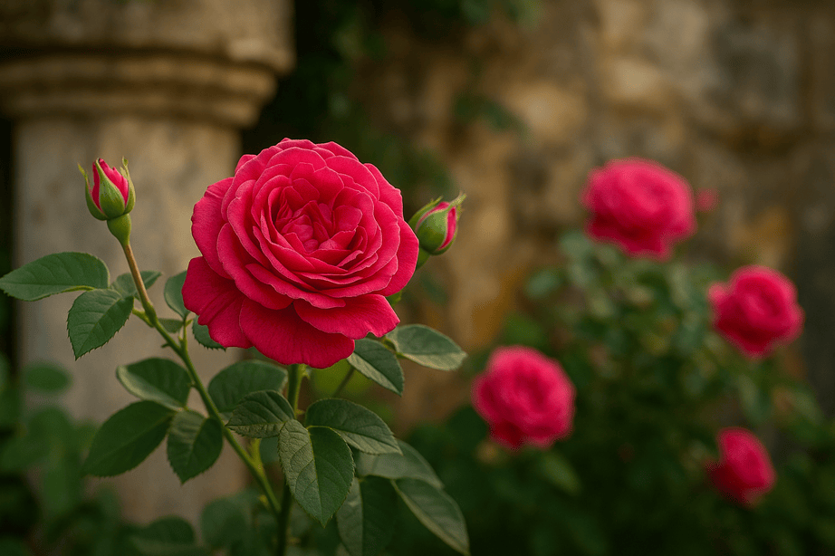 Close-up of a French heritage rose (Rosa gallica officinalis), also called the Rose of Provins, with deep pink petals.