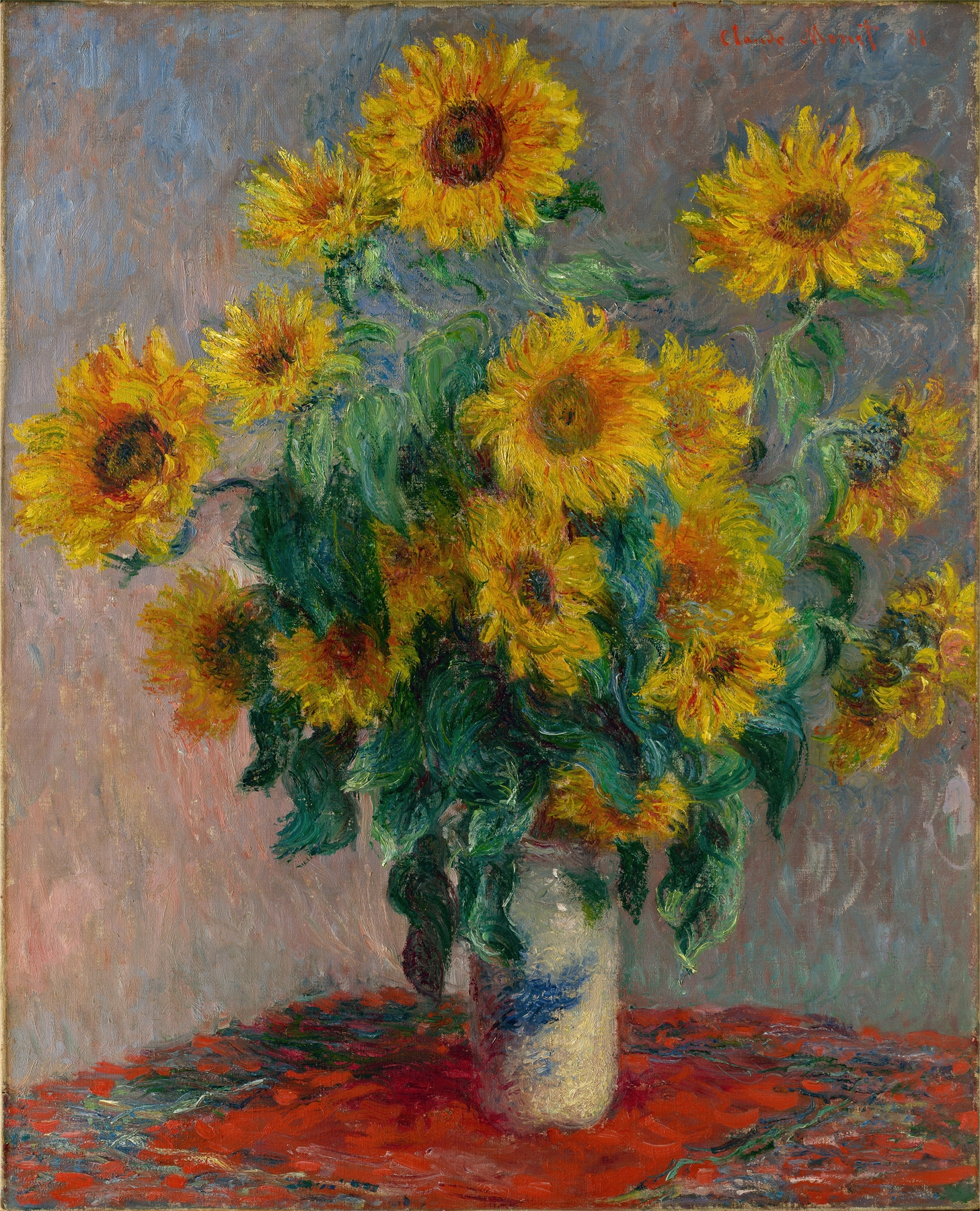 Claude Monet’s 1881 painting “Bouquet of Sunflowers,” oil on canvas still life showing a vase of golden sunflowers in sunlight, public domain image via Artvee.