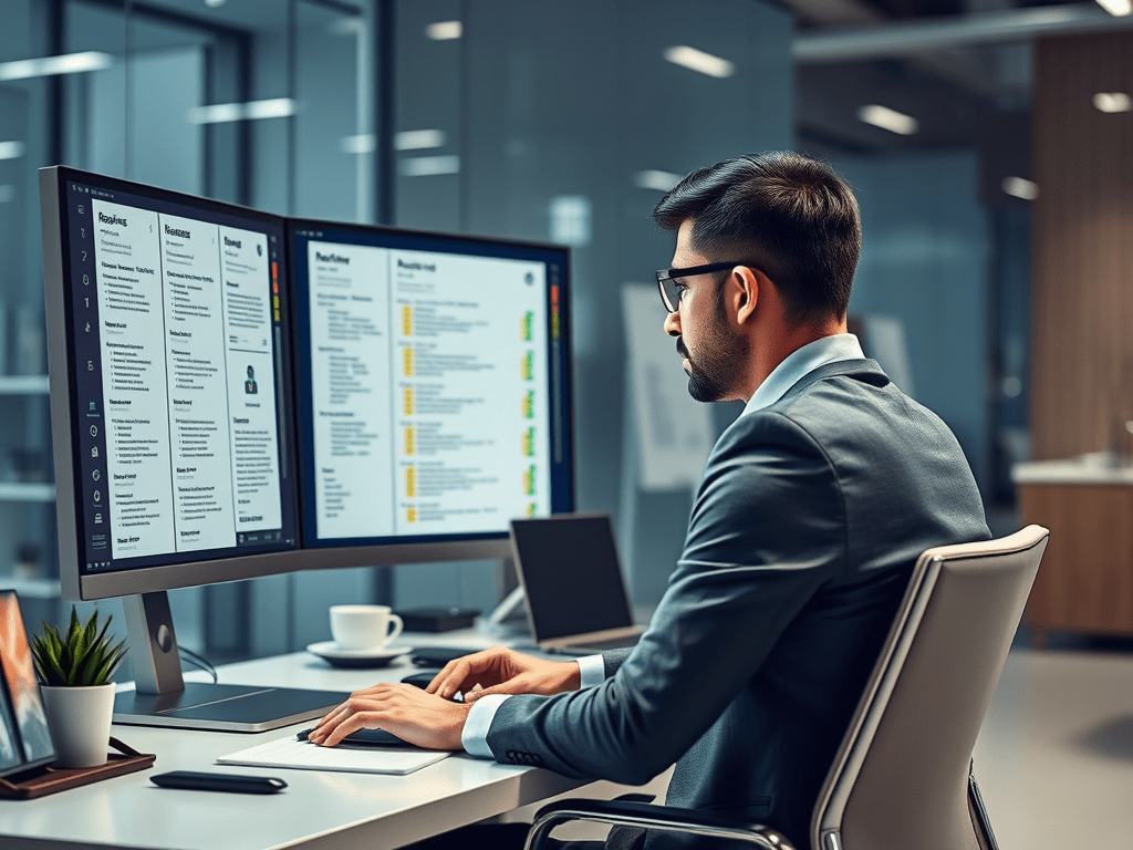 Recruiter reviewing résumés on dual monitors with AI screening and keyword highlights.