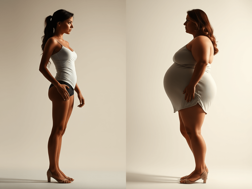 Slim woman and plus-size woman facing each other, symbolizing sudden weight changes and hidden health struggles.