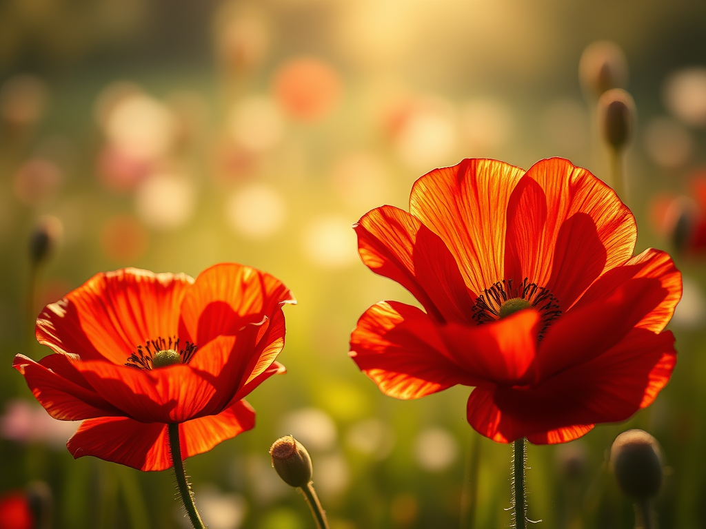 Two red anemones glowing in warm Mediterranean sunlight, native to Syria and the Eastern Mediterranean.